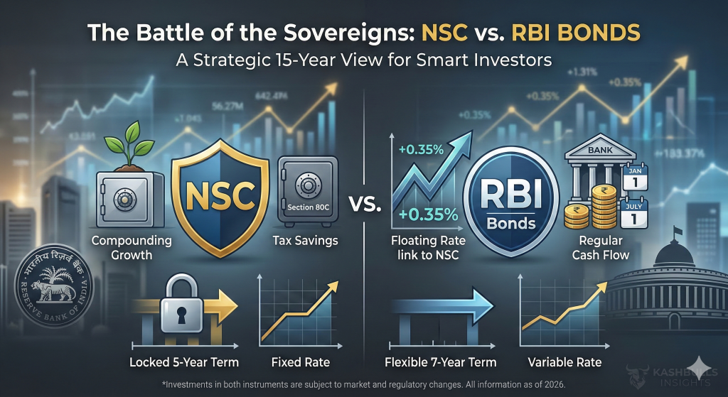 Left Side (NSC): Focuses on security and long-term accumulation, using icons for "Compounding Growth," a safe for "Tax Savings" (specifically mentioning Section 80C), and graphs representing the "Fixed Rate" and "Locked 5-Year Term." Right Side (RBI Bonds): Highlights the modern features, with a prominent icon and arrow showing the direct "+0.35%" link to NSC, symbolizing the "Floating Rate." It also visualizes the "Regular Cash Flow" (bi-annual payouts on Jan 1 and July 1) and the "Variable Rate" dynamic.